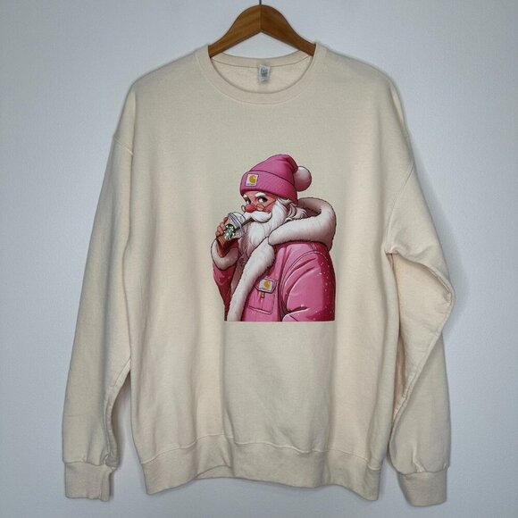 Jerzees Starbucks Santa Sweatshirt Size L Beige Crew neck Cotton Blend - Picture 1 of 9